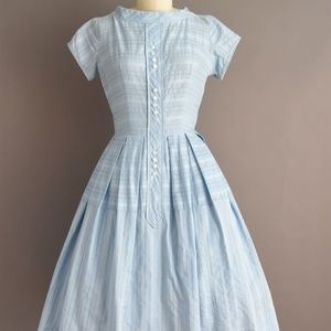 Vintage Periwinkle Blue 1950s Pleated Cotton Eyelet Dress Size XS